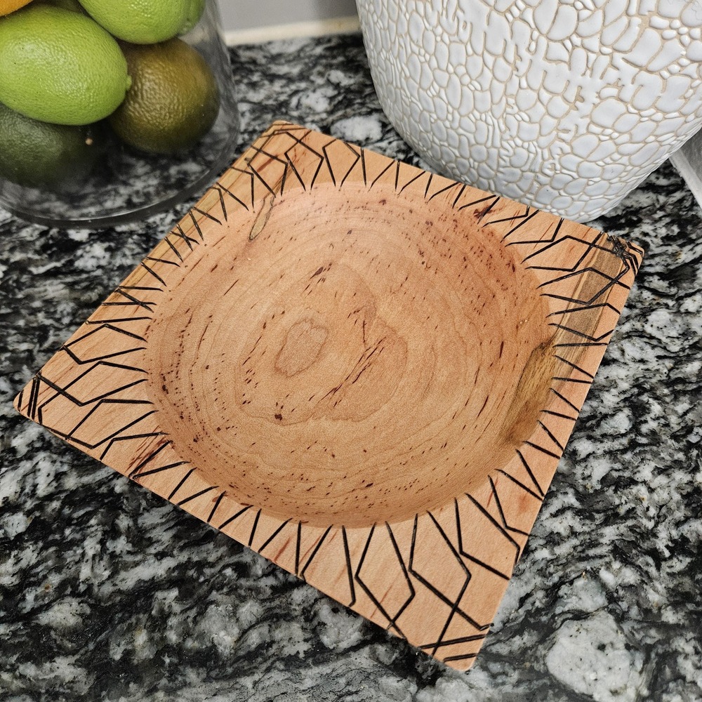 Artisan Handcrafted Square Wood Bowl Geometric Pyrography 7x7x3 Modern Rustic